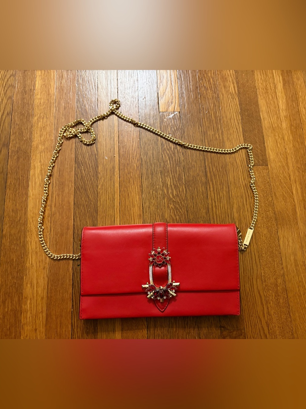 Michael Kors Red Leather Crossbody with Gold Chain and Jewel Accent